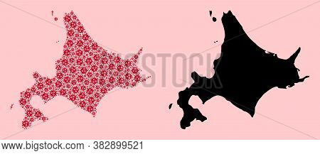 Vector Covid-2019 Virus Mosaic And Solid Map Of Hokkaido Island. Map Of Hokkaido Island Vector Mosai
