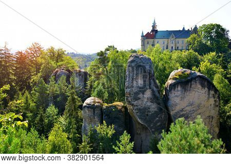 HRUBA SKALA, CZECH REPUBLIC - AUGUST 25, 2020: Hruba skala castle with sandstone rocks. Bohemian Paradise (Cesky raj), Czechia.
