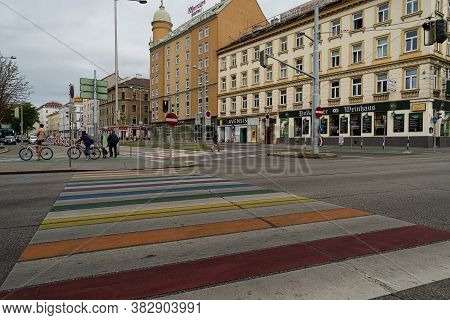 Vienna, Austria - August 29, 2020: Town Square Of Gürtel And Felberstrasse With Crosswalks In Rainbo