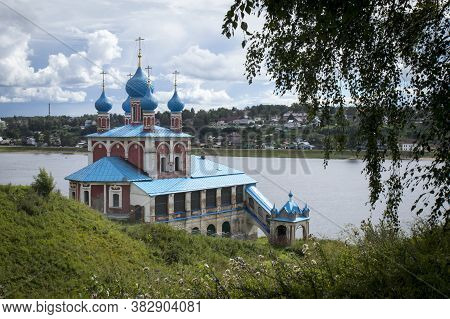 View Of Volga River And Kazan Church (kazanskaya Church, 1758). Tutayev, Yaroslavl Oblast, Russia.