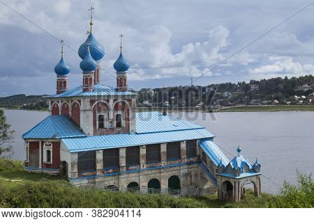 View Of Volga River And Kazan Church (kazanskaya Church, 1758). Tutayev, Yaroslavl Oblast, Russia.