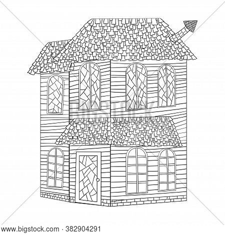 Sketch House In The Gothic Style Black Outline Isolated On A White Background. Stock Vector Illustra