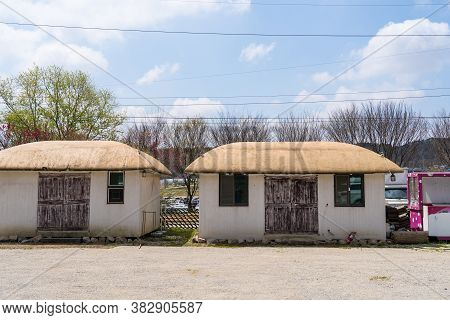 Seosan,south Korea-april 2020: Replica Of Korean Old Traditional House With Blue Sky