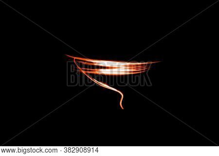 Abstract Neon Lights Trails In The Black Background. Futuristic Overlay Light Pattern.