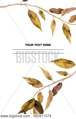 Watercolour Ficus Leaves Frame. Design For A Greeting, Wedding Invitation, Postcard, Card, Notebook.