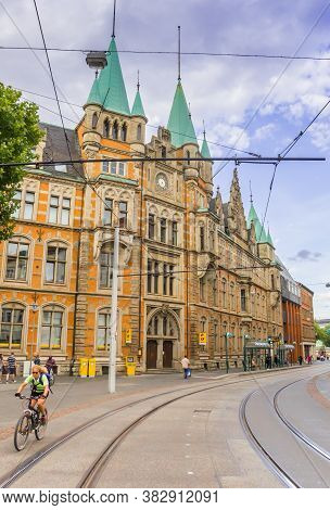 Braunschweig, Germany - July 25, 2020: Tracks In Front Of The Historic Post Office Of Braunschweig, 