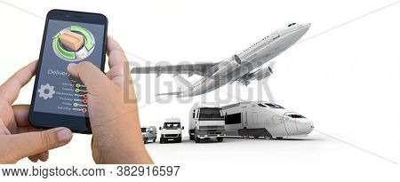 3D rendering of a smartphone delivery tracking app with an airplane, truck and van on the background