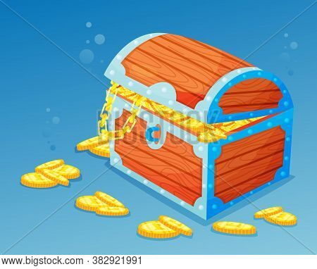 Wooden Treasure Chest Stands At The Bottom Of The Sea, Vector Illustration. Pirate Treasure Trove