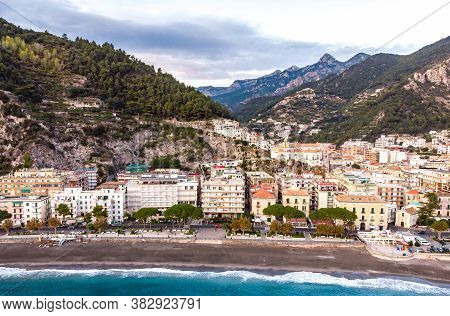 Aerial Drome Sunset View Of Resort Village Minori, Amalfi Coast, Italy