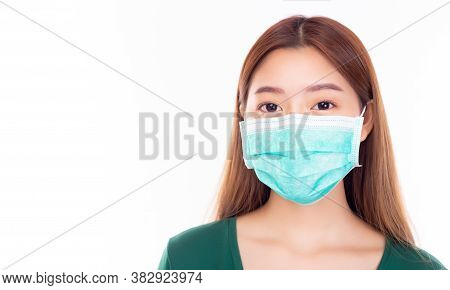 Beautiful Young Asian Woman Wear Disposable Face Mask. Protection Versus Viruses And Infection Or Pr