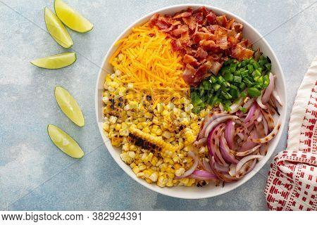 Grilled Corn And Jalapeno Salad With Red Onion, Cheddar Cheese And Bacon, Summer Potluck Recipe