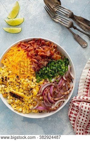 Grilled Corn And Jalapeno Salad With Red Onion, Cheddar Cheese And Bacon, Summer Potluck Recipe