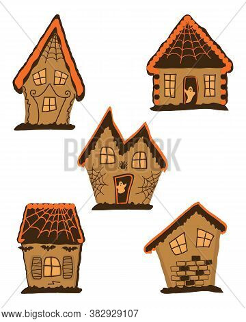Set Of Halloween Gingerbread Houses. Holiday Halloween's Cookies. Vector Illustration