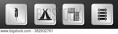 Set Feather Pen, Indian Teepee Or Wigwam, Indian Headdress With Feathers And Railway, Railroad Track