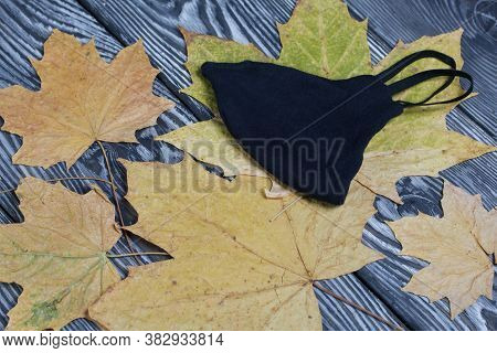 Medical Mask Among Dried Maple Leaves. On Brushed Pine Boards Painted Black And White.