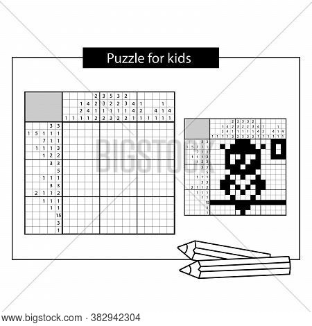 Owl. Black And White Japanese Crossword With Answer. Nonogram With Answer.  Puzzle Game For Kids.