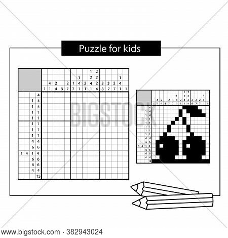 Cherry. Black And White Japanese Crossword With Answer. Nonogram With Answer. Puzzle Game For Kids.