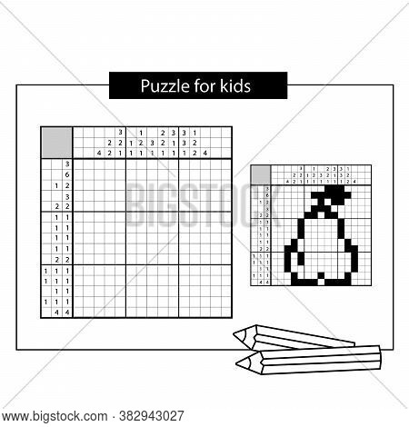 Pear. Black And White Japanese Crossword With Answer. Nonogram With Answer.  Puzzle Game For Kids.