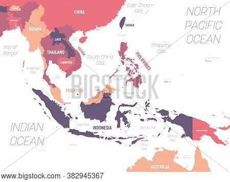 Southeast Asia Map. High Detailed Political Map Of Southeastern Region With Country, Ocean And Sea N