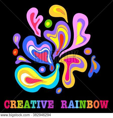Creative Rainbow Text And Bright Colourful Splash Isolated On Black Background. Abstract Decorative 