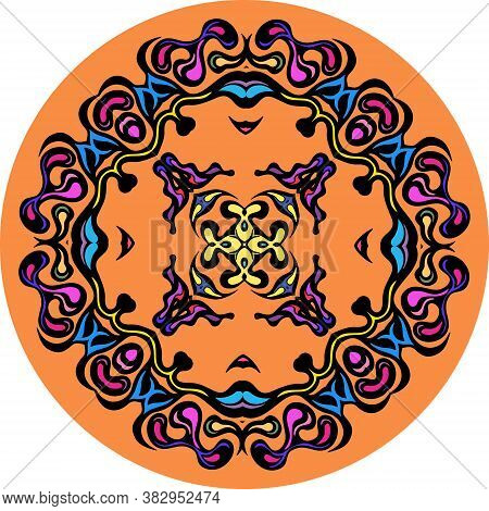 Multicoloured Symmetrical Yellow, Pink, Purple And Blue Decoration Elements On Circle, Isolated On W