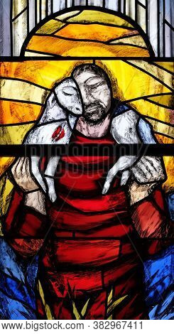 URSBERG, GERMANY - JUNE 09, 2015: Jesus the Good Shepherd, stained glass window Chapel at cemetery in Ursberg, Germany