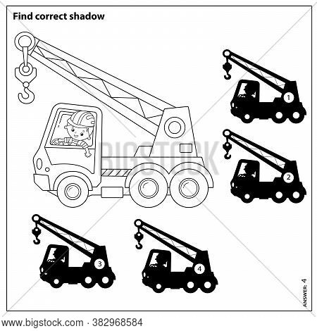 Puzzle Game For Kids. Find Correct Shadow. Truck Crane. Construction Vehicles. Coloring Book For Chi
