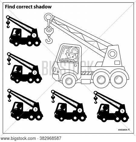 Puzzle Game For Kids. Find Correct Shadow. Truck Crane. Construction Vehicles. Coloring Book For Chi