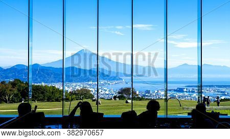 Silhouette View Of Mt. Fuji / Fuji Mountain And Shimizu Industrial Port From The Window In The Resta