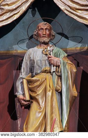 SVETI PETAR OREHOVEC, CROATIA - JUNE 26, 2013: St. Peter statue on the main altar at St. Peter's Church in Sveti Petar Orehovec, Croatia