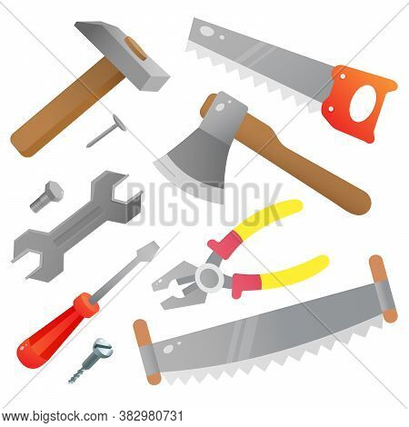 Set Of Tools. Saw, Wrench, Pliers, Hammer, Axe, Screwdriver On White Background. Instruments For Wor