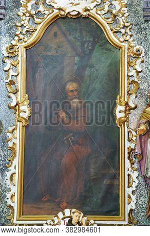 GORNJI DRAGANEC, CROATIA - OCTOBER 02, 2011: St. Anthony the Hermit altar painting on the altar St. Anthony the Hermit in the Church of the Visitation of the Virgin Mary in Gornji Draganec, Croatia