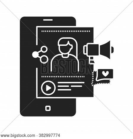 Blogger Black Glyph Icon. Social Media Information Sign. Content Promotion In Smartphone. Pictogram 