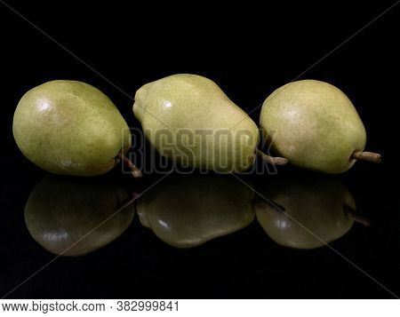 Green Ripe Pear On A Black Background. Bera Pear Variety, Large Fruits. Autumn Fruits.