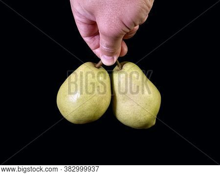 Green Ripe Pear On A Black Background. Bera Pear Variety, Large Fruits. Autumn Fruits Of A Fruit Tre