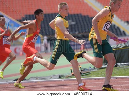 DONETSK, UKRAINE - JULY 13: Teams South Africa and China compete in the boys medley relay during World Youth Championships in Donetsk, Ukraine on July 13, 2013