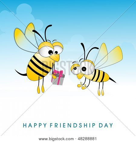 Freudig freundschaft Tag Konzept mit niedlichen Honigbiene Geschenke auf blauem Hintergrund abstrakt.