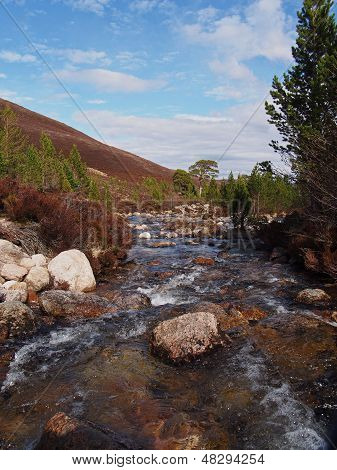 Montanhas de Cairngorms, Gleann Laoigh Bheag, Rio Luibeg, na Escócia, na primavera
