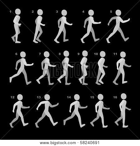 Phases of Step Movements Man in Walking Sequence for Game Animation on black