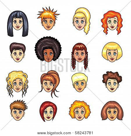Cartoon Girls Hairstyles Vector Set