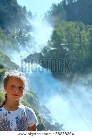 Portrait Girl On Summer Waterfall Background