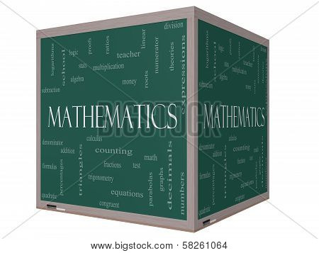 Mathematics Word Cloud Concept On A 3D Cube Blackboard