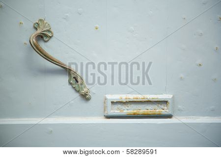 Light blue wooden door with artistic handle
