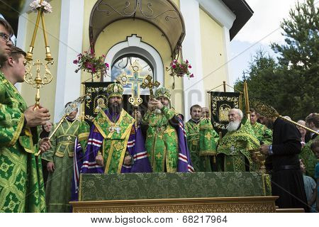 KRASNY BRONEVIK, RUSSIA - JULY 7, 2014: Celebrations commemorating the Rev. Anthony Dymsky (died 1224) in Antony Dymsky Monastery - Procession on Lake Dymsky, the great blessing of water and bathing.