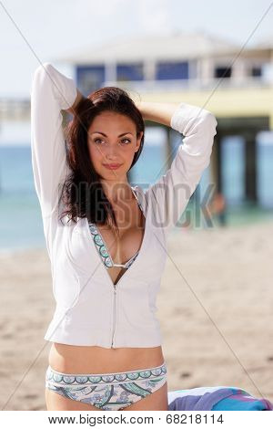 Woman posing in a bikini and sweater