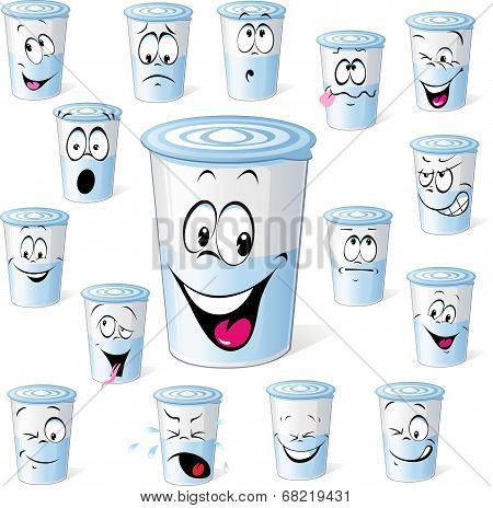 Dairy Product In Plastic Cup - Funny Cartoon With Many Facial Expressions Isolated On White Dairy  Y
