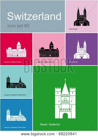 Landmarks of Switzerland. Set of color icons in Metro style. Raster illustration.