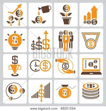 investment icons, orange color theme
