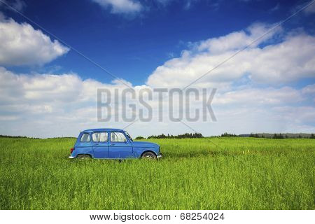 Beautiful old vintage car on a green meadow