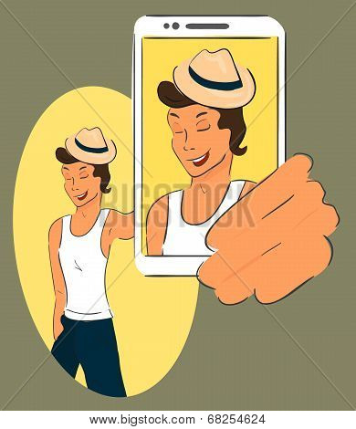 Guy wearing hat is taking selfie. Handdrawn vector illustration